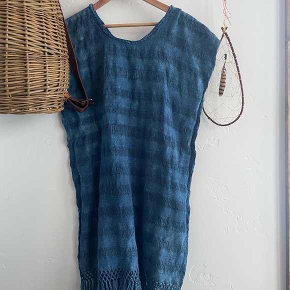 Primitive tribal Craft Cotton  fringe Kaftan naturally dyed with Indigo - Picture 2 of 6